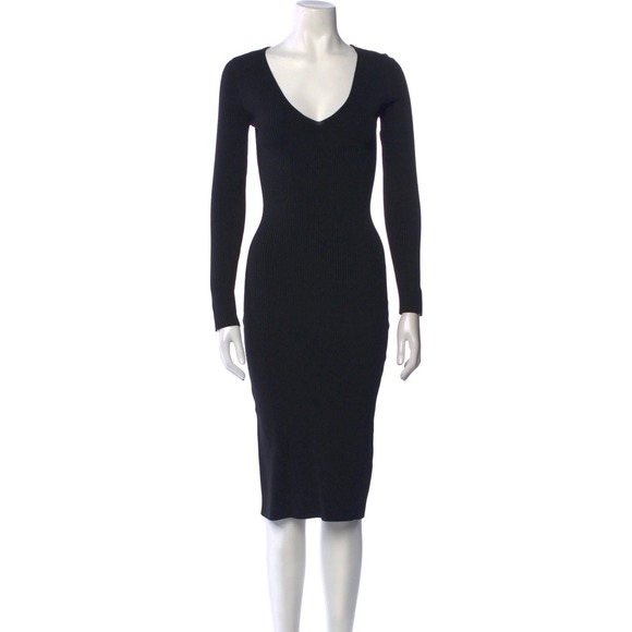 Jonathan Simkhai V-Neck Ribbed Stretchy Black Midi Dress Long Sleeve Cocktail - Picture 8 of 16